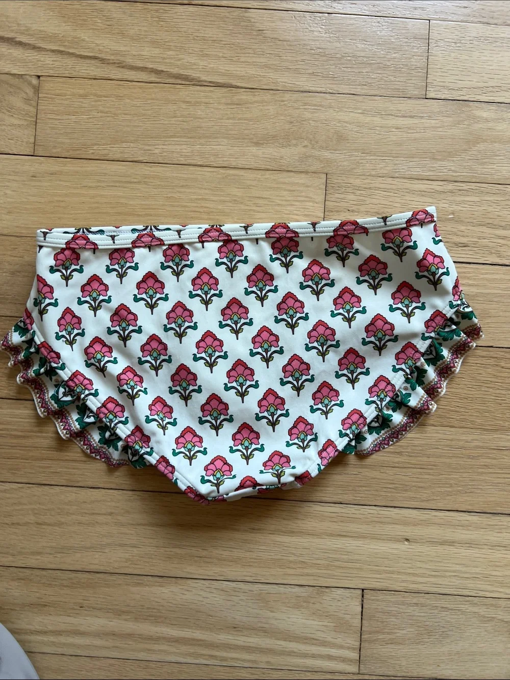 Mini Boden Rashguard Two-Piece Swim Set in Cream with Pink Floral Block Print